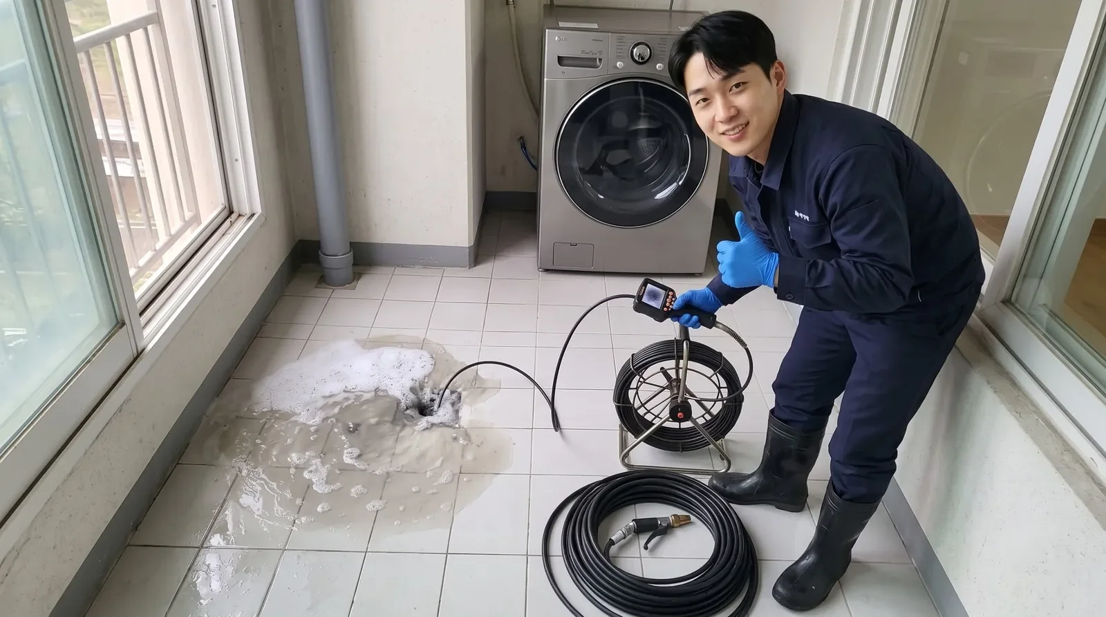 서울 서북·도심권 세탁실 배수구 역류 현장에서 배관내시경을 든 기술자